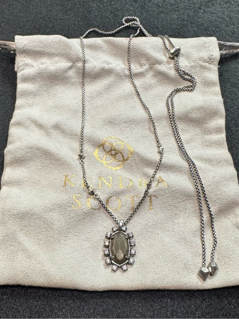 Kendra Scott Brett Silver Necklace with Faceted Gray Stone and Clear Accents